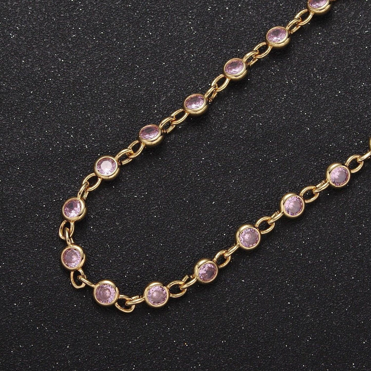 5mm round bezel unsoldered cut cubic zirconia cz beaded chain by yard gold filled bezel connector | roll-743, -744, -745, -746, -772