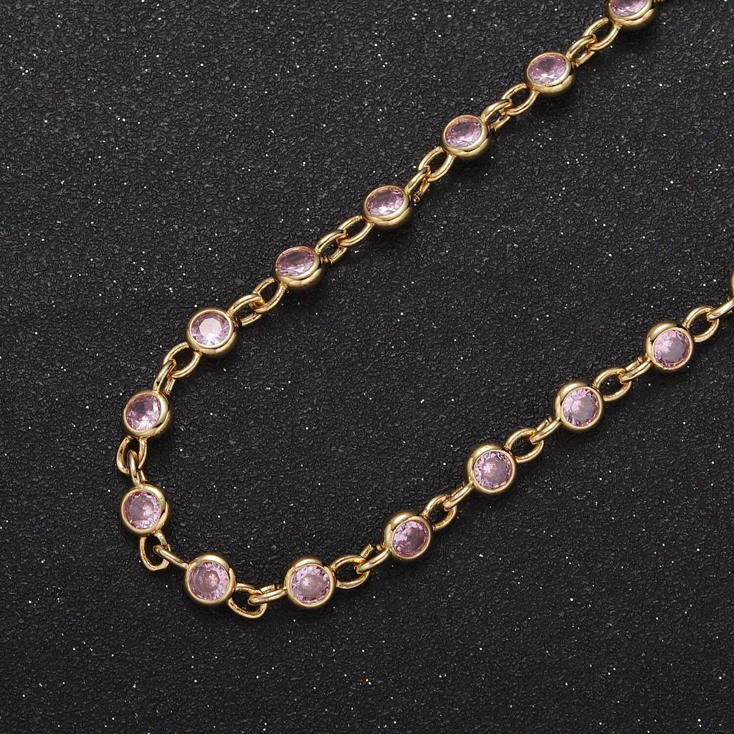 5mm round bezel unsoldered cut cubic zirconia cz beaded chain by yard gold filled bezel connector | roll-743, -744, -745, -746, -772