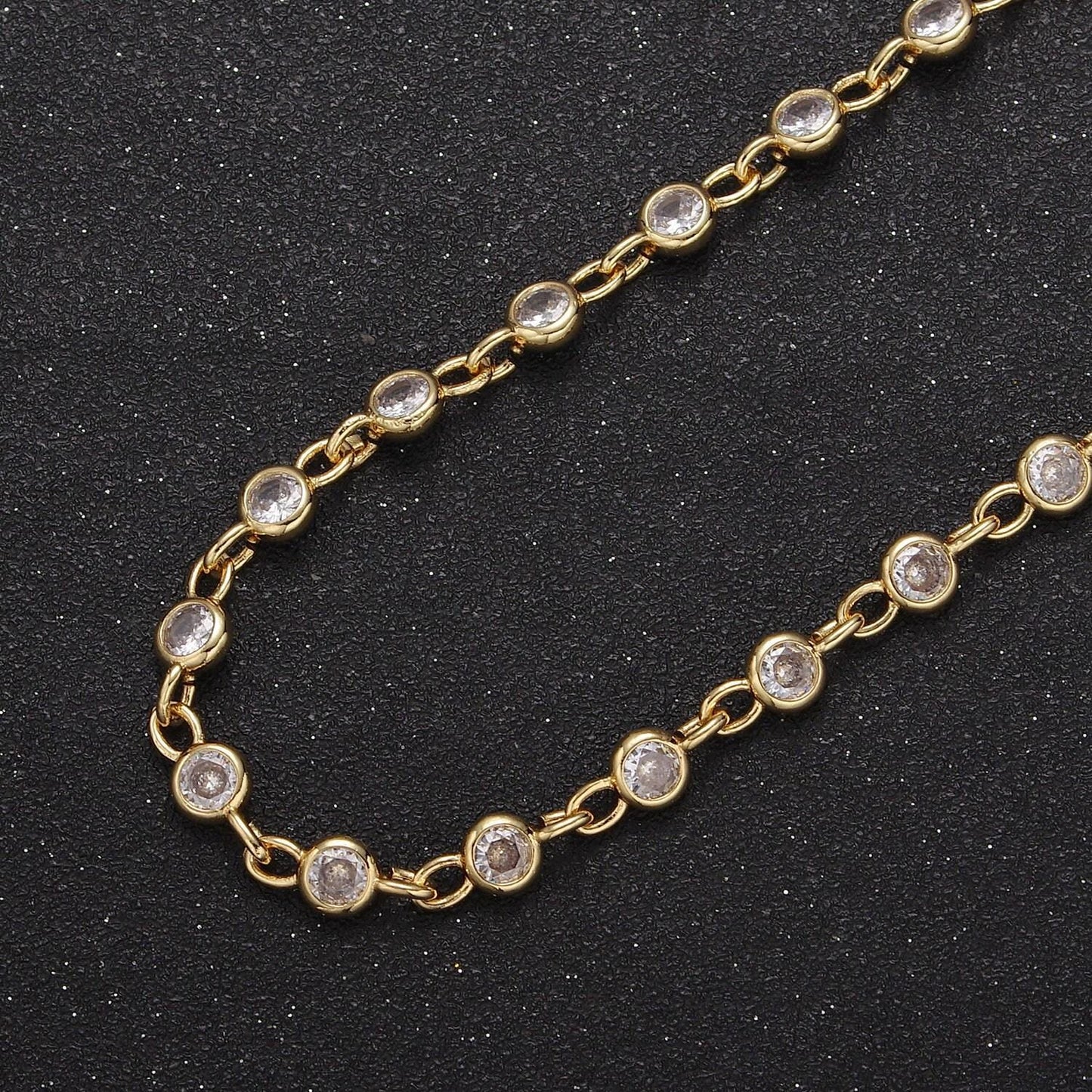 5mm round bezel unsoldered cut cubic zirconia cz beaded chain by yard gold filled bezel connector | roll-743, -744, -745, -746, -772