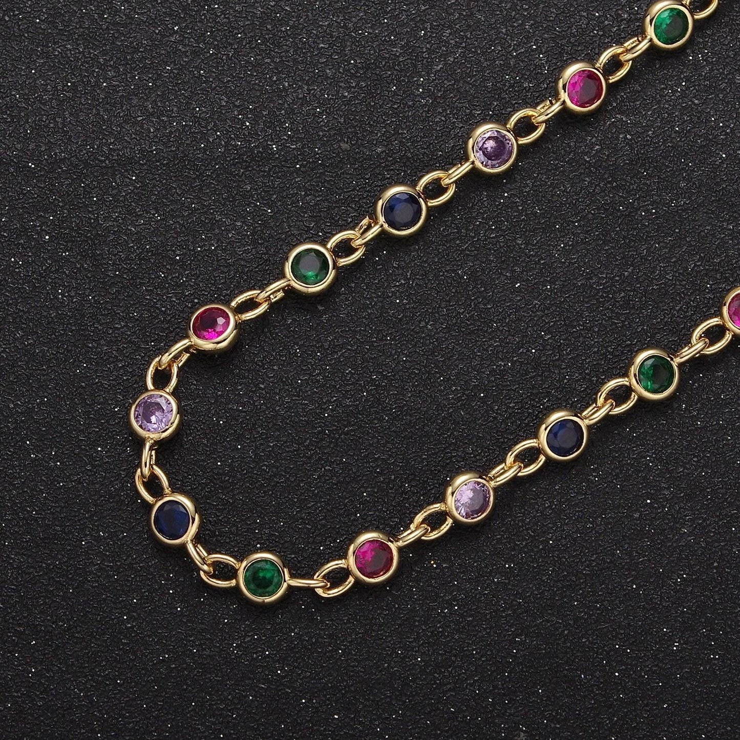 5mm round bezel unsoldered cut cubic zirconia cz beaded chain by yard gold filled bezel connector | roll-743, -744, -745, -746, -772