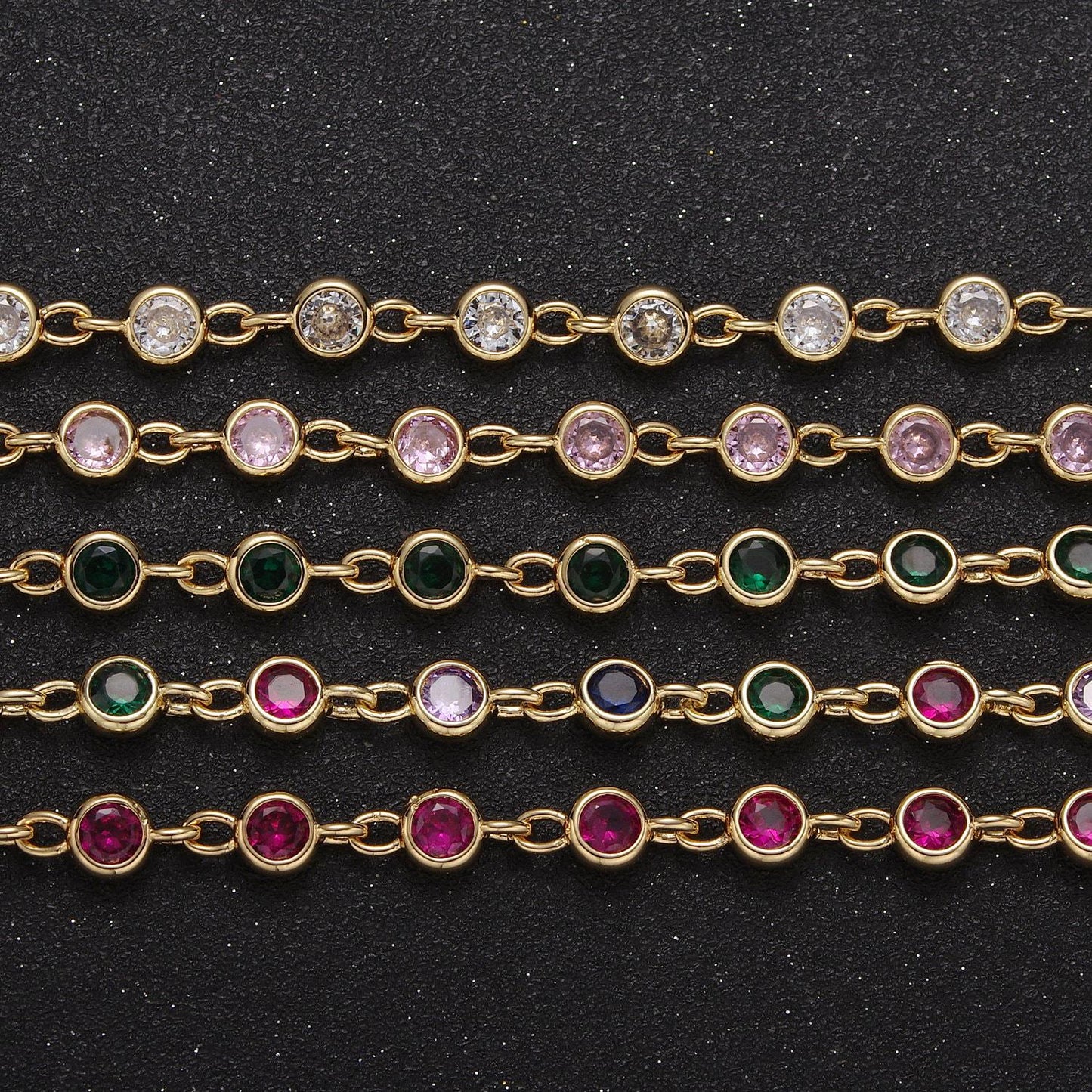 6mm round bezel unsoldered cut cubic zirconia cz beaded chain gold filled bezel connector beads | roll-739, -740, -741, -742, -771