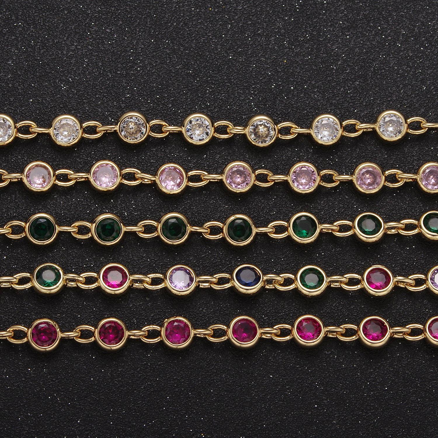 6mm round bezel unsoldered cut cubic zirconia cz beaded chain gold filled bezel connector beads | roll-739, -740, -741, -742, -771