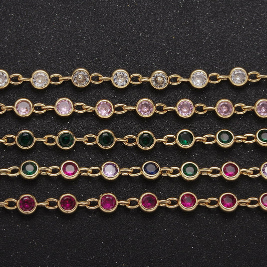 6mm round bezel unsoldered cut cubic zirconia cz beaded chain gold filled bezel connector beads | roll-739, -740, -741, -742, -771