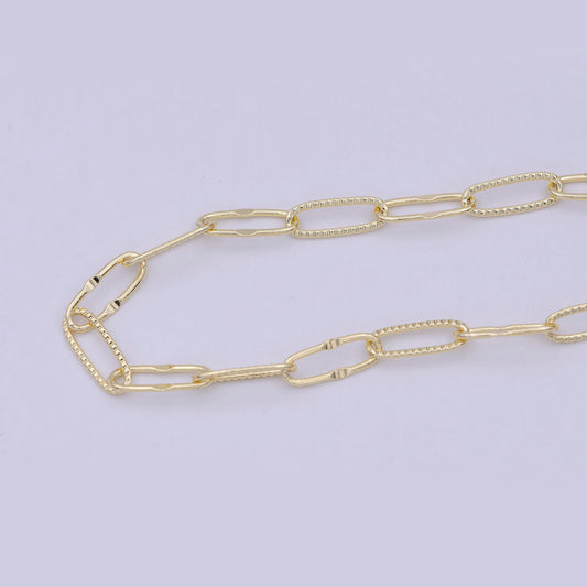 Oval gold embosed paper clip chain by yard, link chain wholesale bulk roll chain for jewelry making, size 14.5mm x 5.5mmmm, roll-712