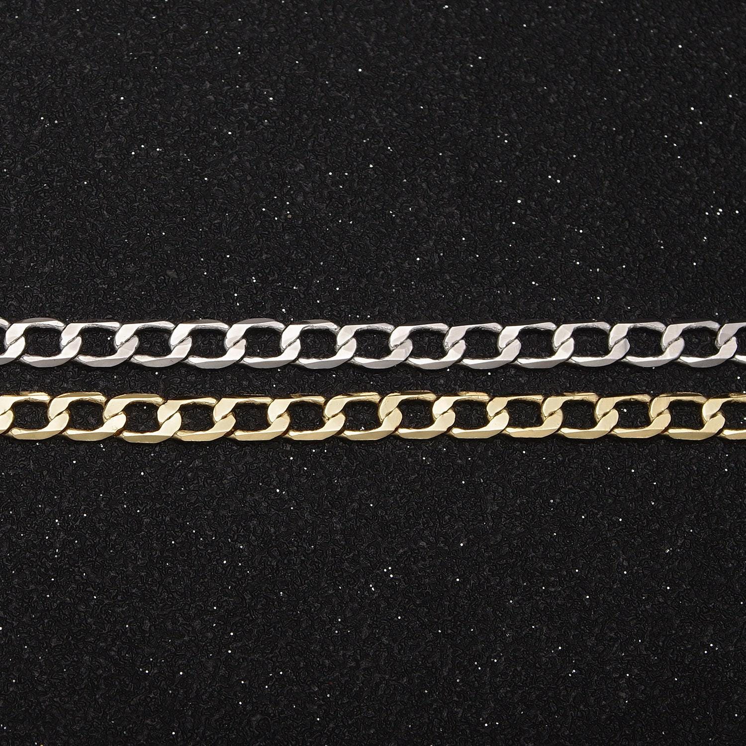 24k gold filled flat concave figaro curb chain, 4mm width chain in silver & gold, wholesale bulk roll chain for jewelry making, 666