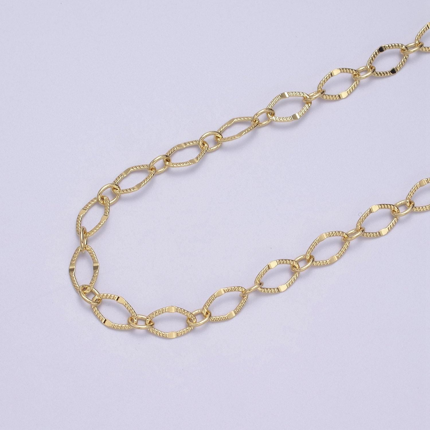 Gold oval rombust chain by yard, sunburst stamp oval link, wholesale bulk roll chain for jewelry making, width 5.9mm, 596-597