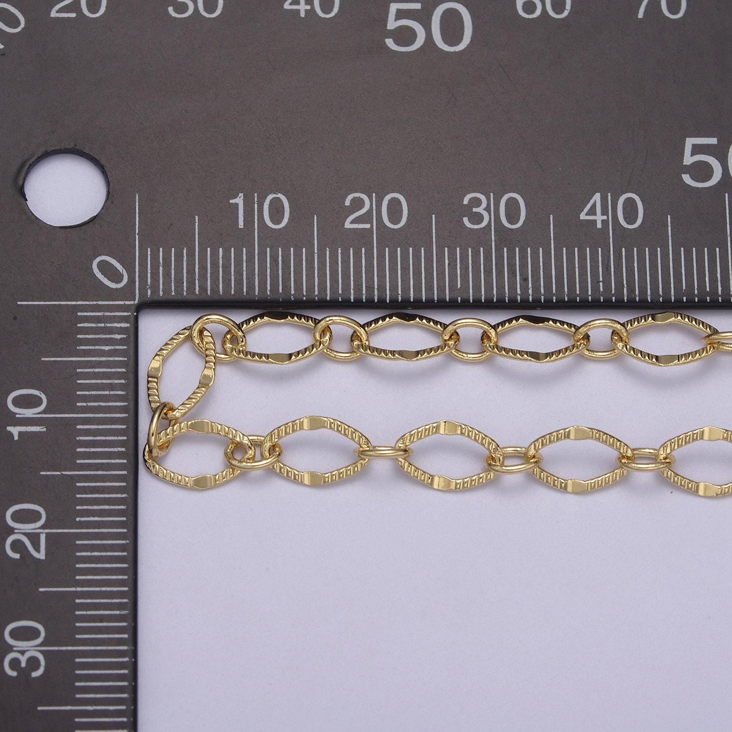 Gold oval rombust chain by yard, sunburst stamp oval link, wholesale bulk roll chain for jewelry making, width 5.9mm, 596-597