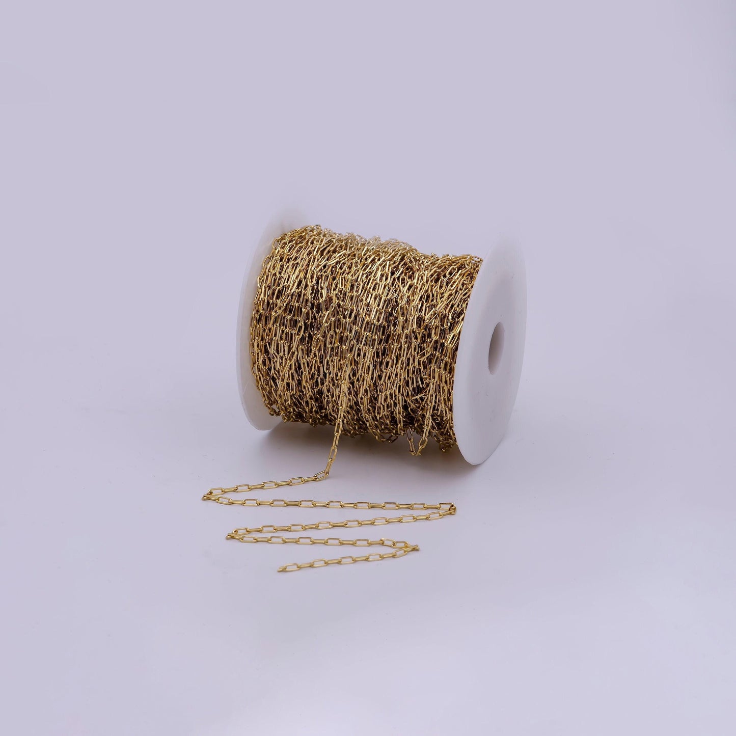 Gold paperclip chain by yard, stadium link chain wholesale bulk roll chain for diy jewelry, 2.5mm width, thickness 0.6mm, 575