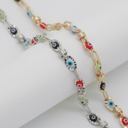 Enamel evil eye gold, silver chain by yard dainty evil eye charm specialty link chain by yard for necklace bracelet waist chain width 6mm