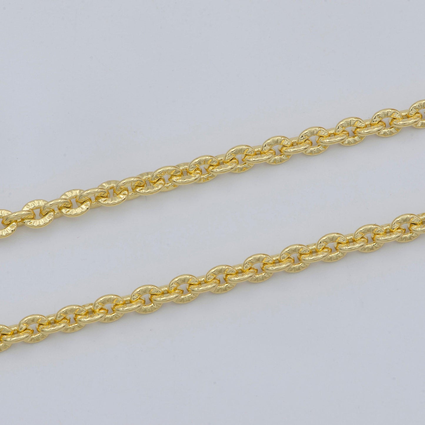14k gold oval rolo chain by yard, sunburst stamp oval link, wholesale bulk roll chain for jewelry making, width 3.7mm, 469