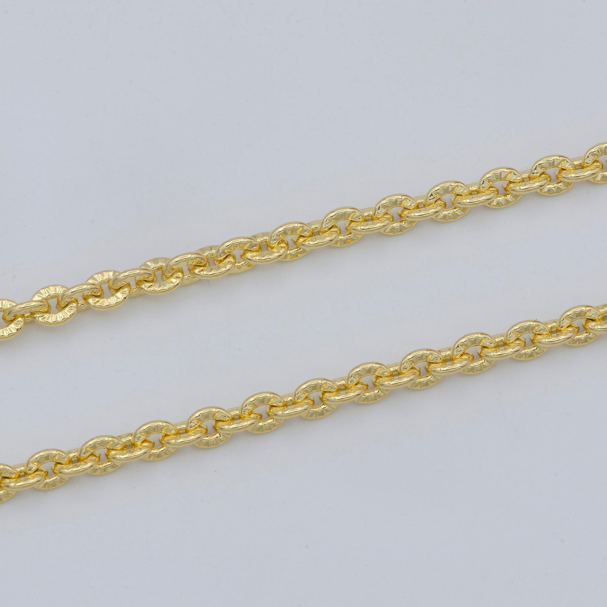 14k gold oval rolo chain by yard, sunburst stamp oval link, wholesale bulk roll chain for jewelry making, width 3.7mm, 469