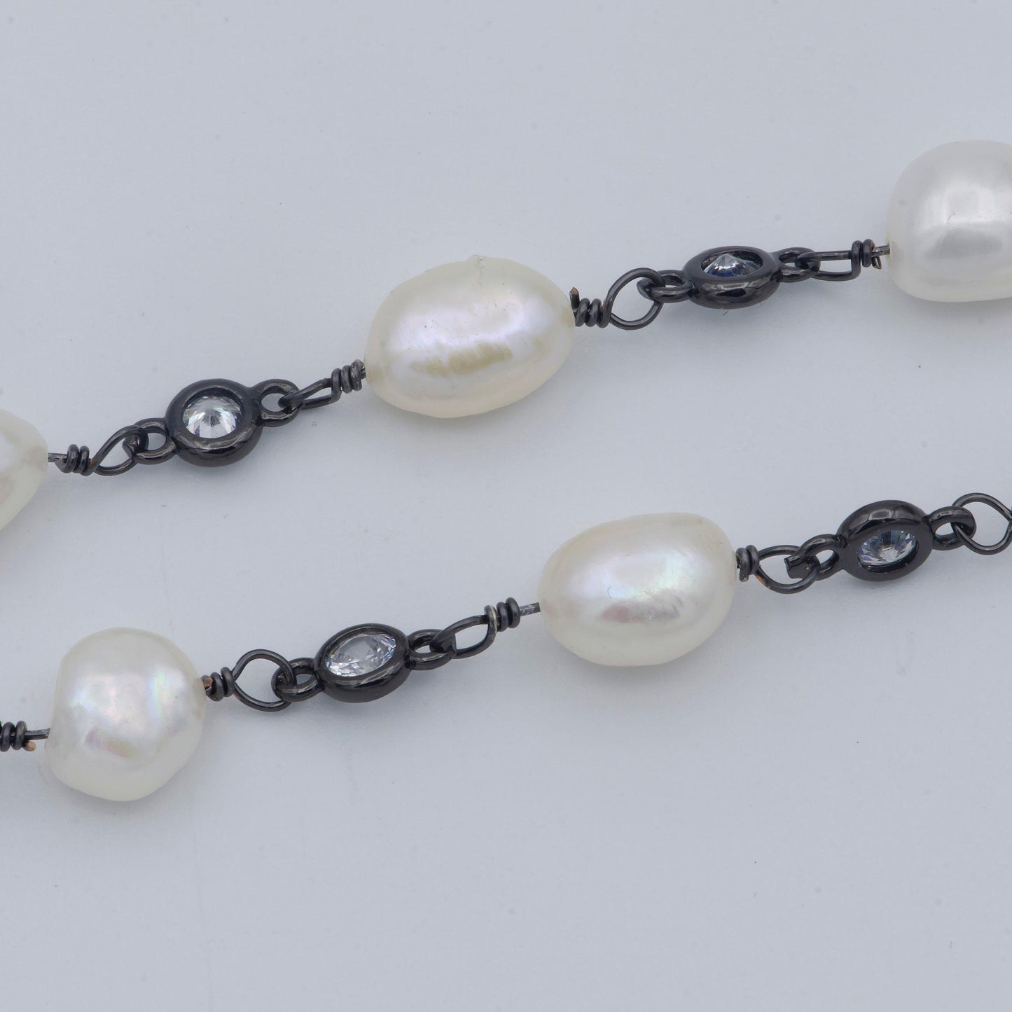 Baroque mother pearl black metal gun finish cz charm chain by yard,fresh water pearl cubic chain by foot, clear cubic zirconia chain,-465