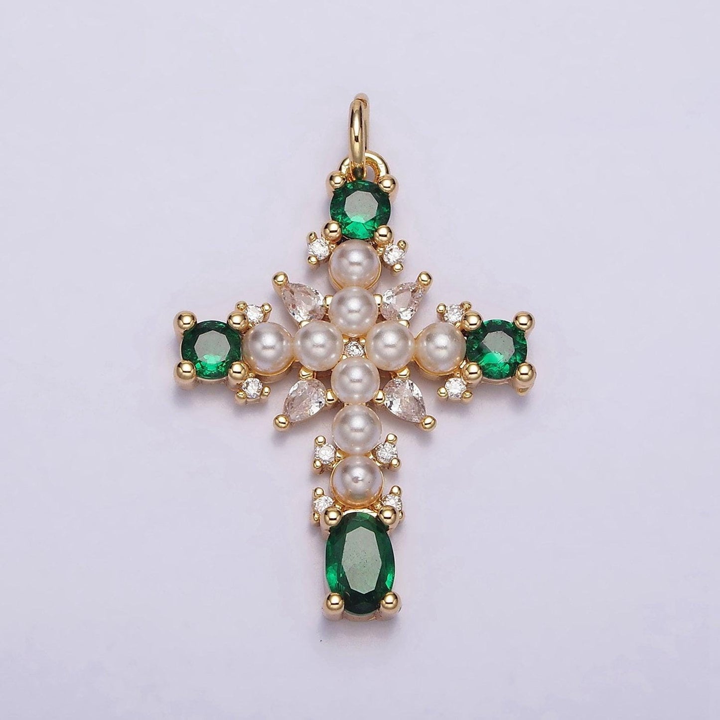 Dainty 16k gold filled emerald green, clear cz stone pearl teardrop religious cross charm in gold & silver pendant | ac1416 - ac1419