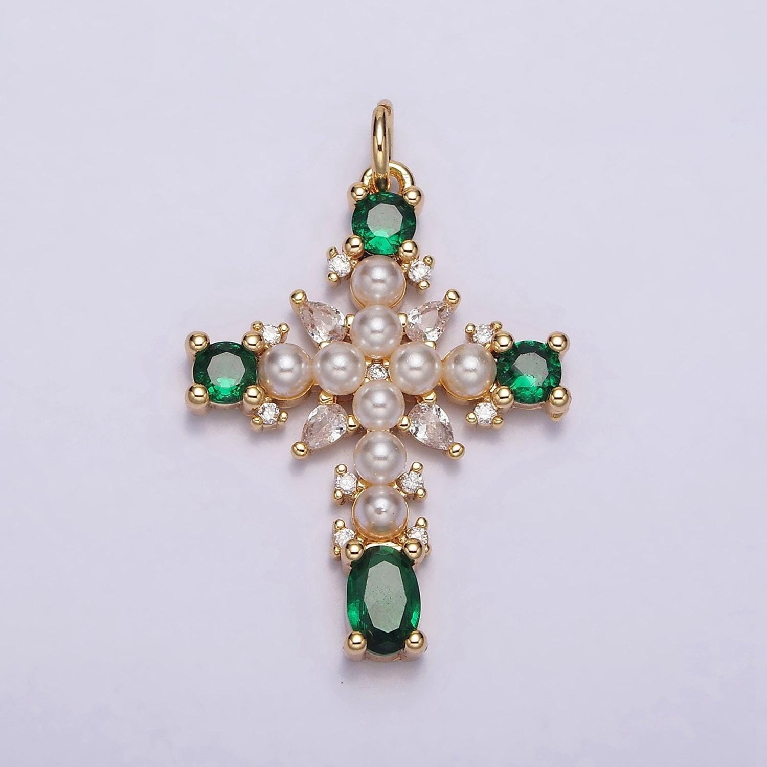 Dainty 16k gold filled emerald green, clear cz stone pearl teardrop religious cross charm in gold & silver pendant | ac1416 - ac1419