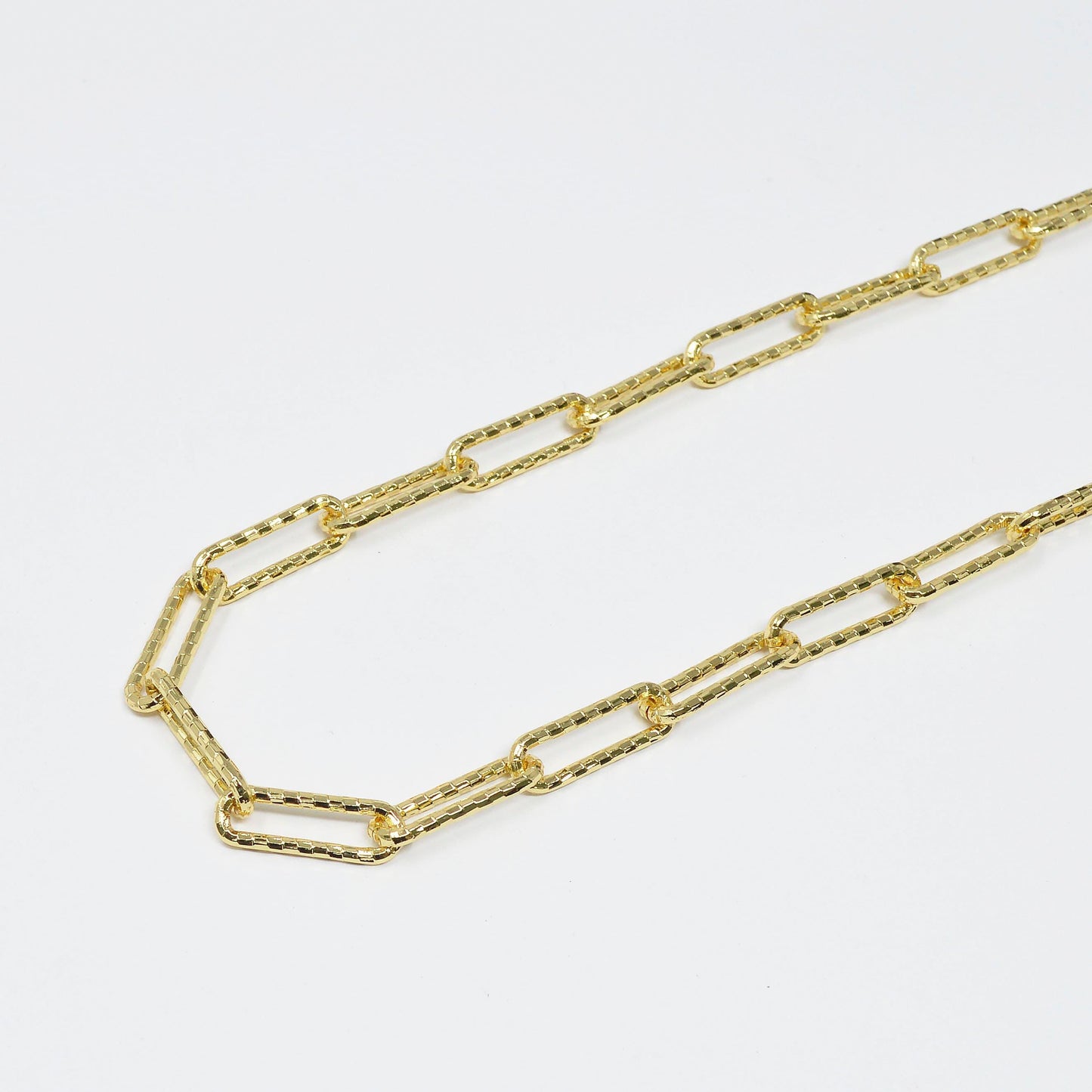 Woven embosed 24k gold plated rolo cable paperclip chain by yard, link cable bold elongate chain, fancy wholesale bulk roll chain, 425