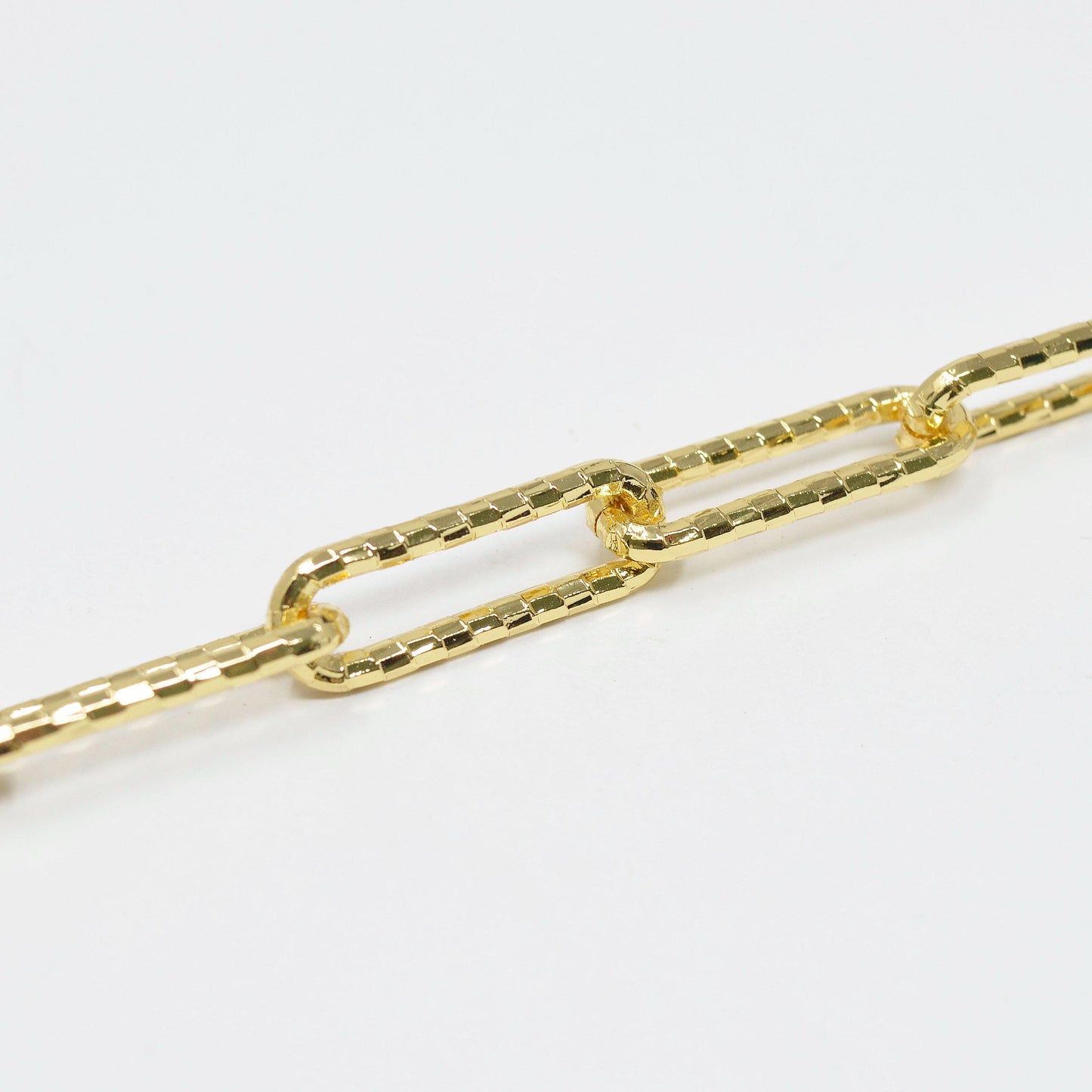 Woven embosed 24k gold plated rolo cable paperclip chain by yard, link cable bold elongate chain, fancy wholesale bulk roll chain, 425