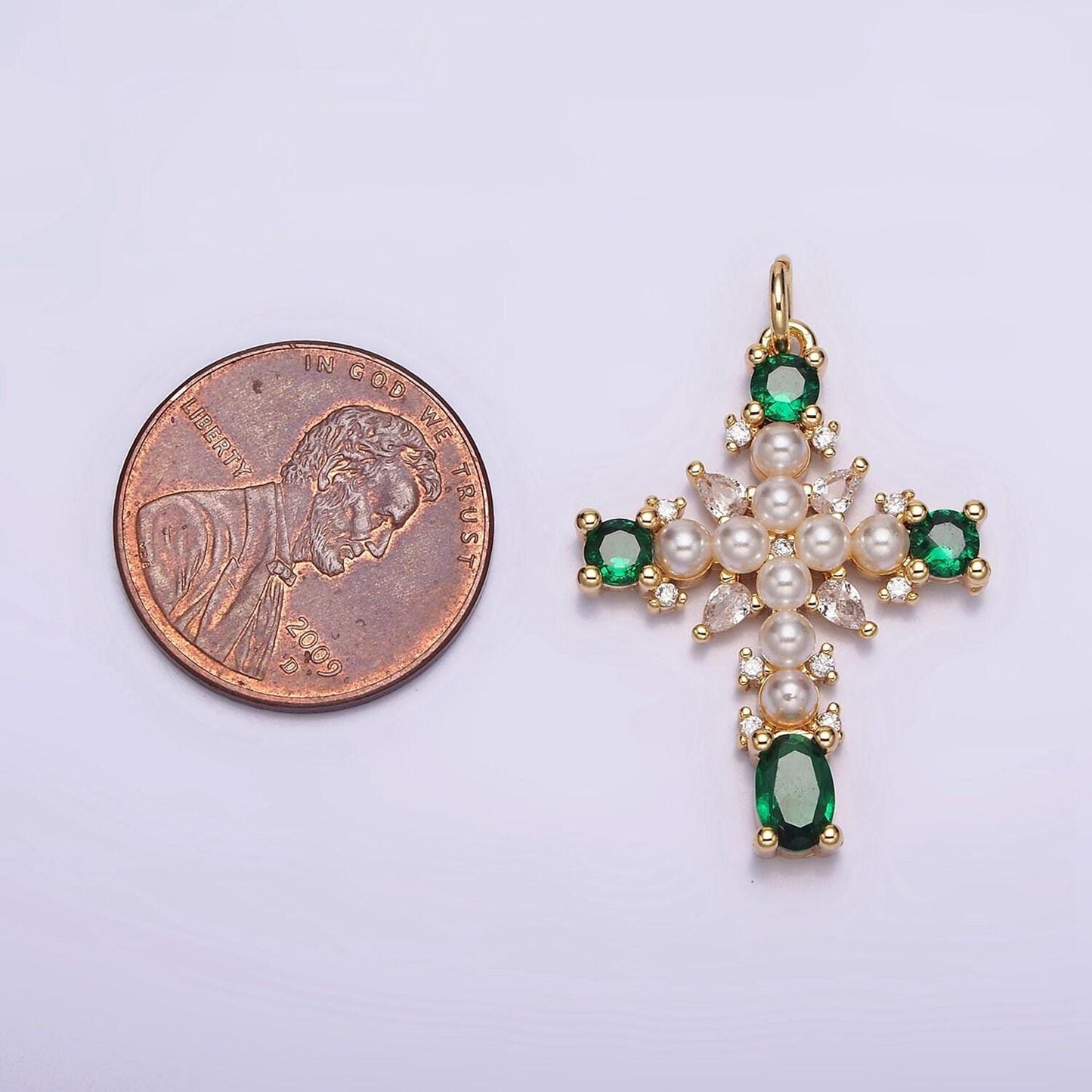 Dainty 16k gold filled emerald green, clear cz stone pearl teardrop religious cross charm in gold & silver pendant | ac1416 - ac1419