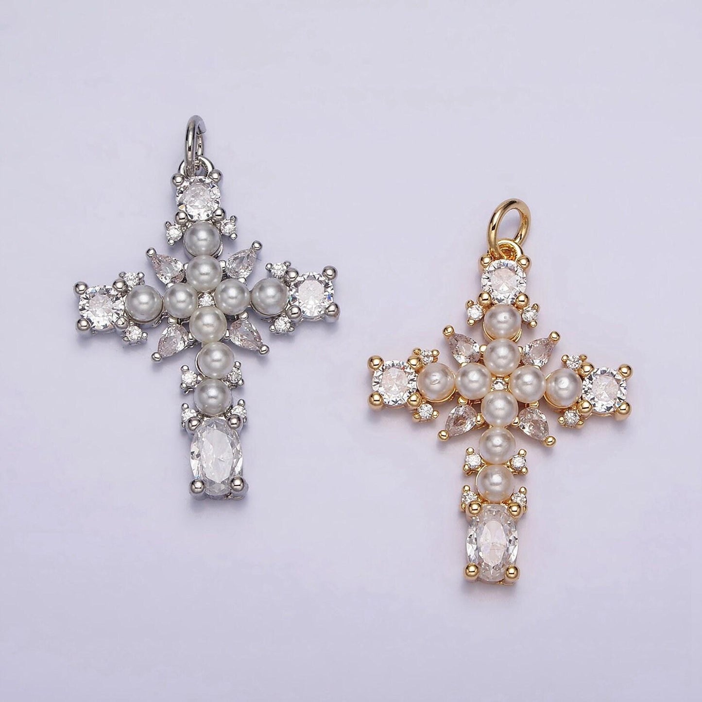Dainty 16k gold filled emerald green, clear cz stone pearl teardrop religious cross charm in gold & silver pendant | ac1416 - ac1419