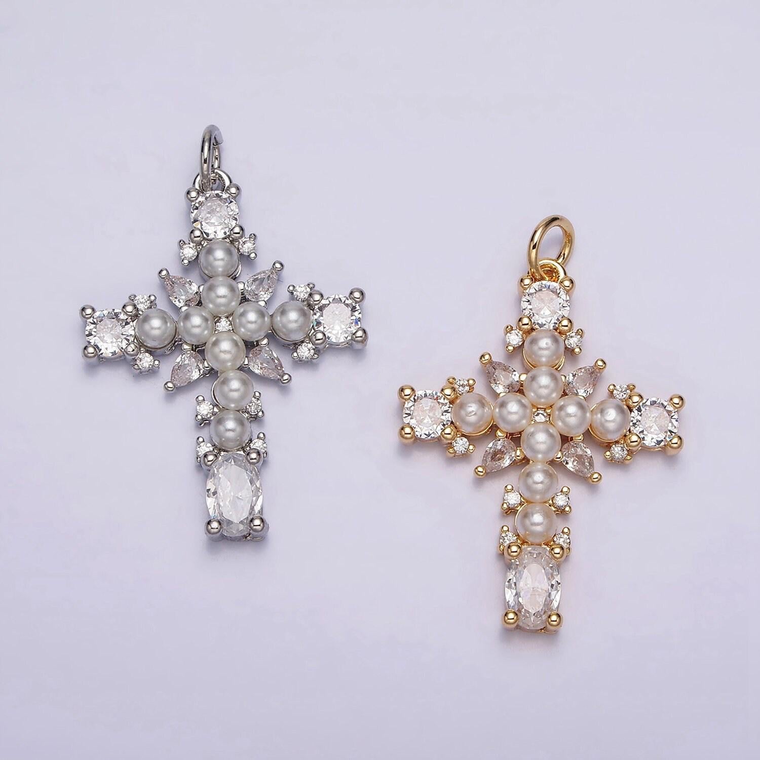 Dainty 16k gold filled emerald green, clear cz stone pearl teardrop religious cross charm in gold & silver pendant | ac1416 - ac1419