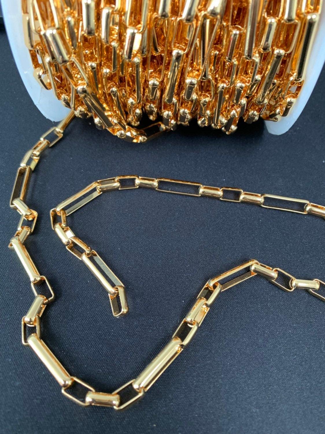 18k gold plated shiny square paperclip chain by yard, link cable rolo elongate chain, wholesale bulk roll chain jewelry making, 421
