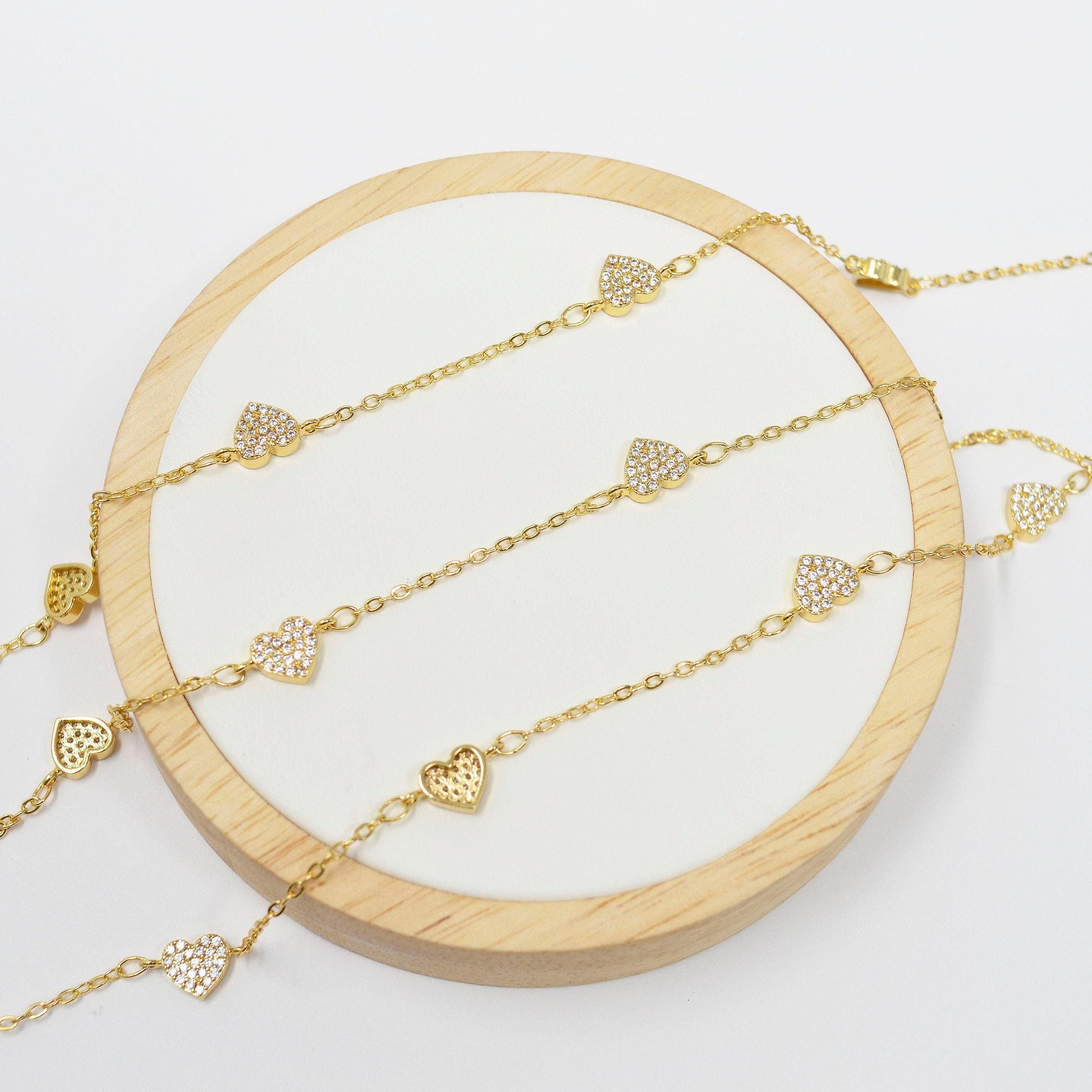 24k gold filled micro pave cz charm chain by yard, cz charm specialty link chain, heart cz charm, roll-420