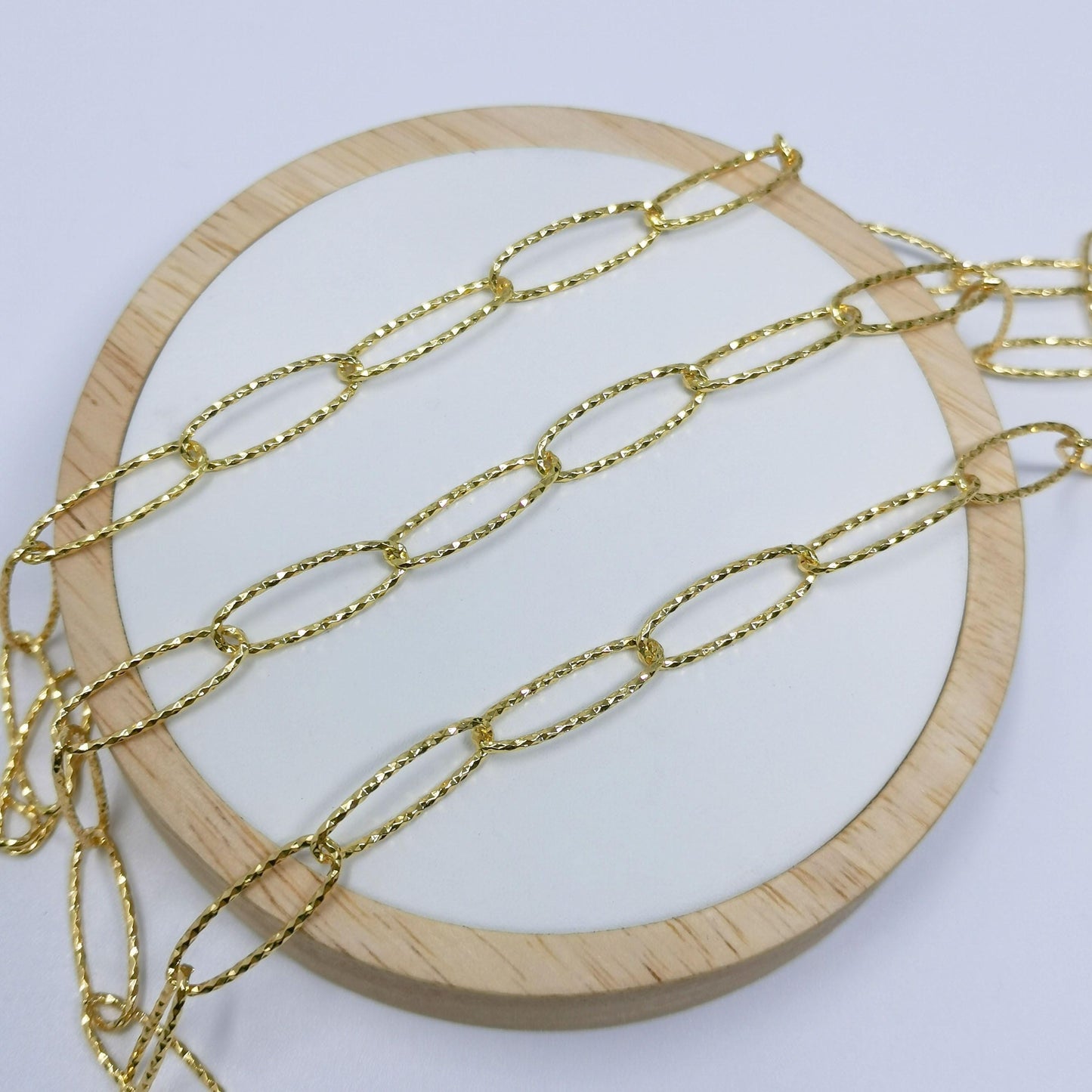 24k gold pounded paperclip chain by yard, oval link chain by foot, wholesale bulk roll chain for jewelry making, 397