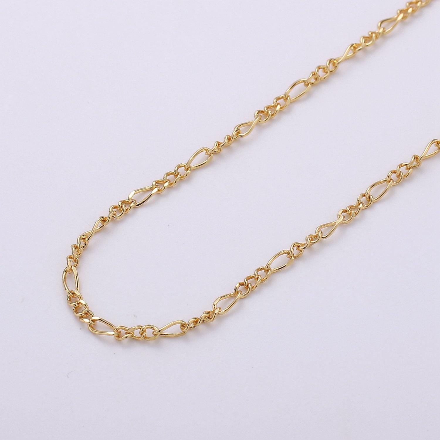 Gold fancy figaro chain by yard, cable figaro chain, wholesale bulk roll chain for bracelet, necklaces jewelry making, width is 2.6mm, 376