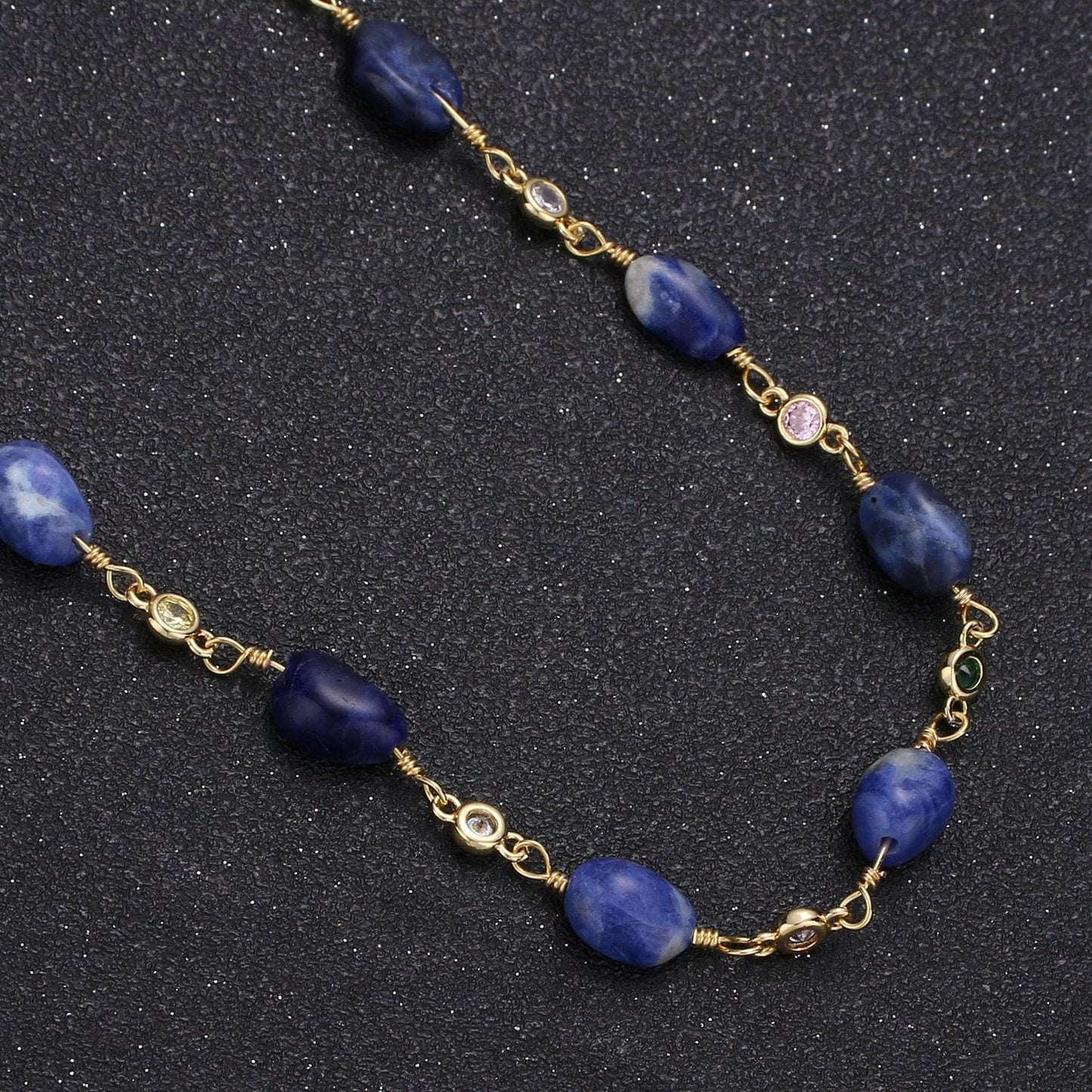 Vishuddha-throat cakra blue sodalite stone micro pave charm 24k gold chain, 5th cakra semiprecious stone beads chain, roll-334