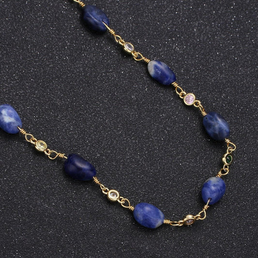 Vishuddha-throat cakra blue sodalite stone micro pave charm 24k gold chain, 5th cakra semiprecious stone beads chain, roll-334
