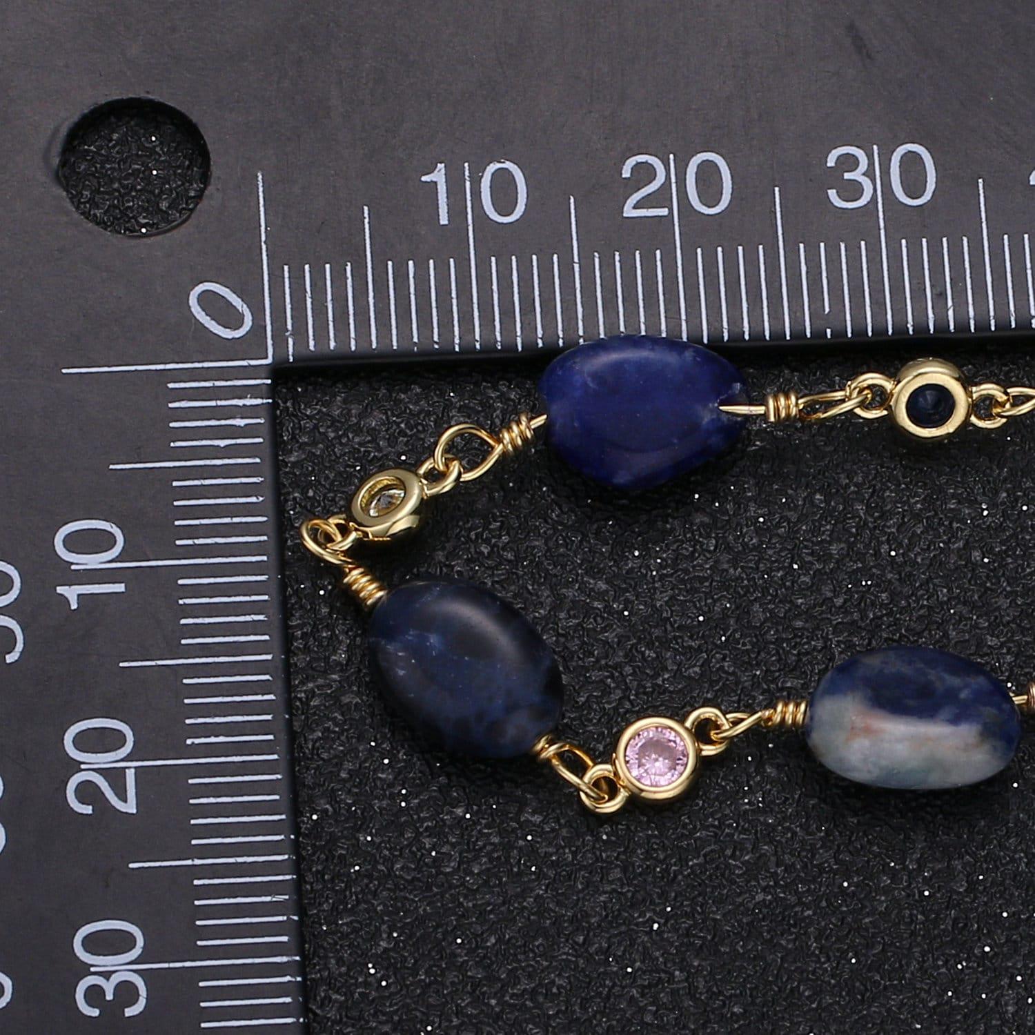 Vishuddha-throat cakra blue sodalite stone micro pave charm 24k gold chain, 5th cakra semiprecious stone beads chain, roll-334