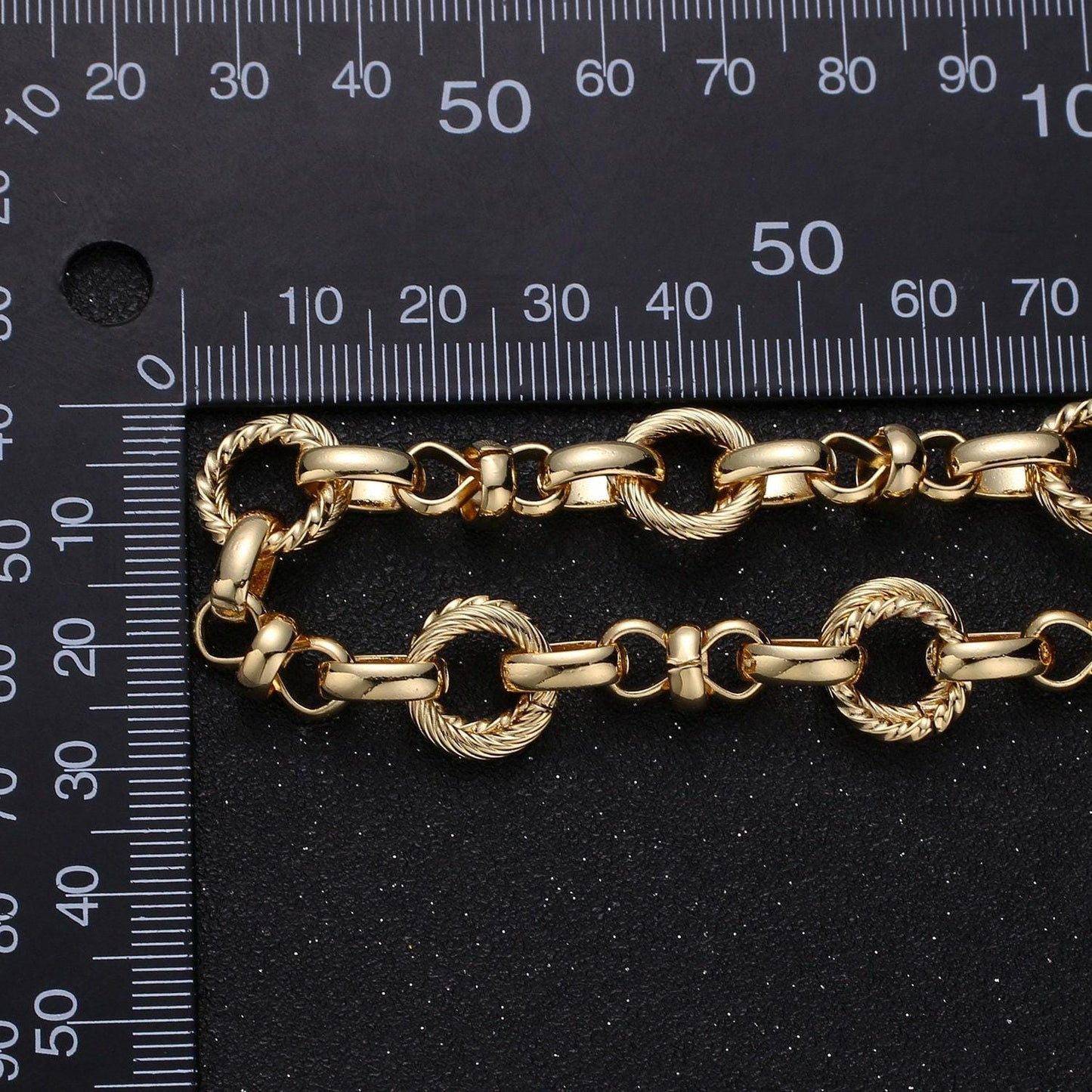 Gold fancy chain by yard, link cable double round chain by foot, wholesale bulk roll chain jewelry making11.8mm-307