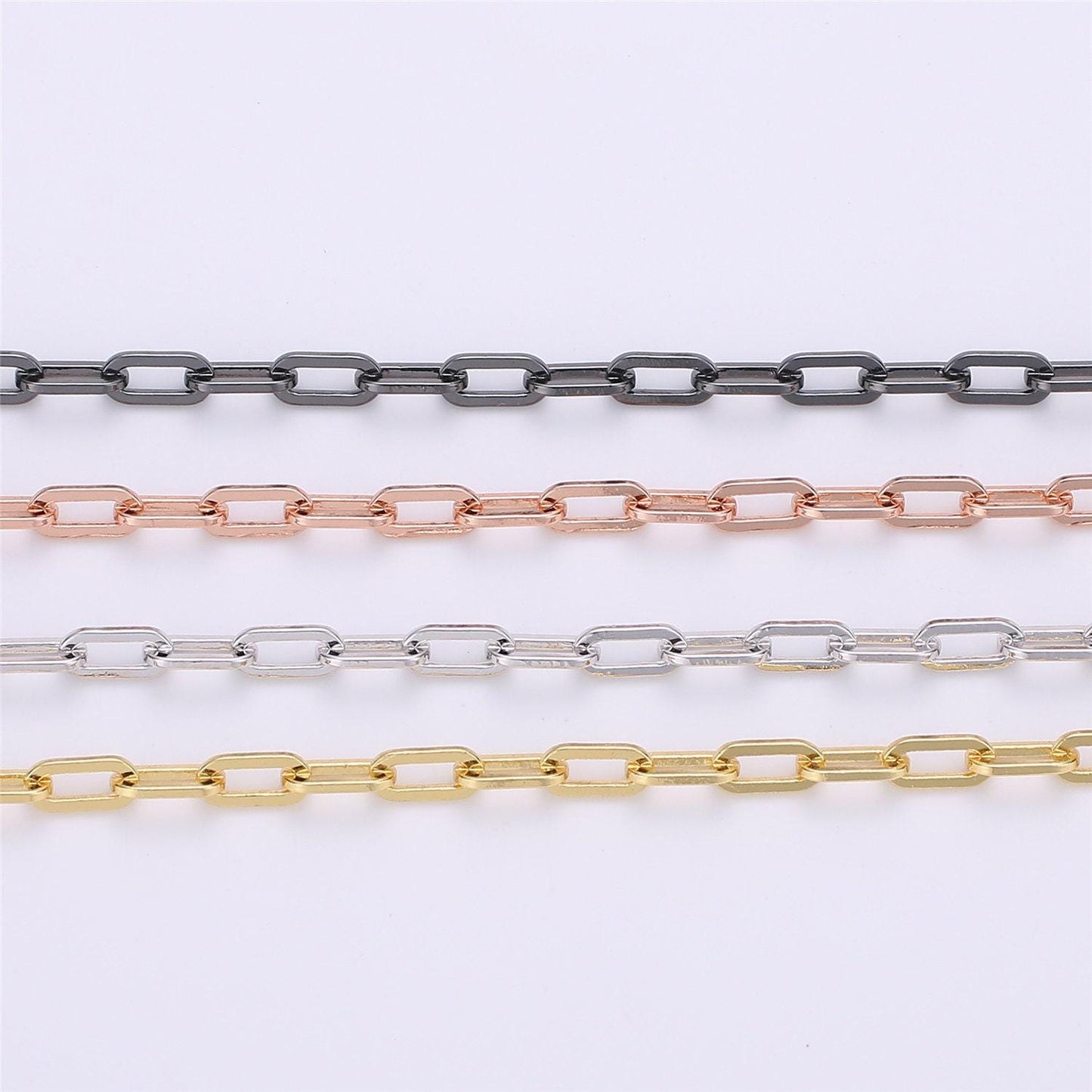 24k gold rolo cable paperclip chain by yard, link cable rolo elongate chain by foot,wholesale bulk roll chain for jewelry making, 204 - 206