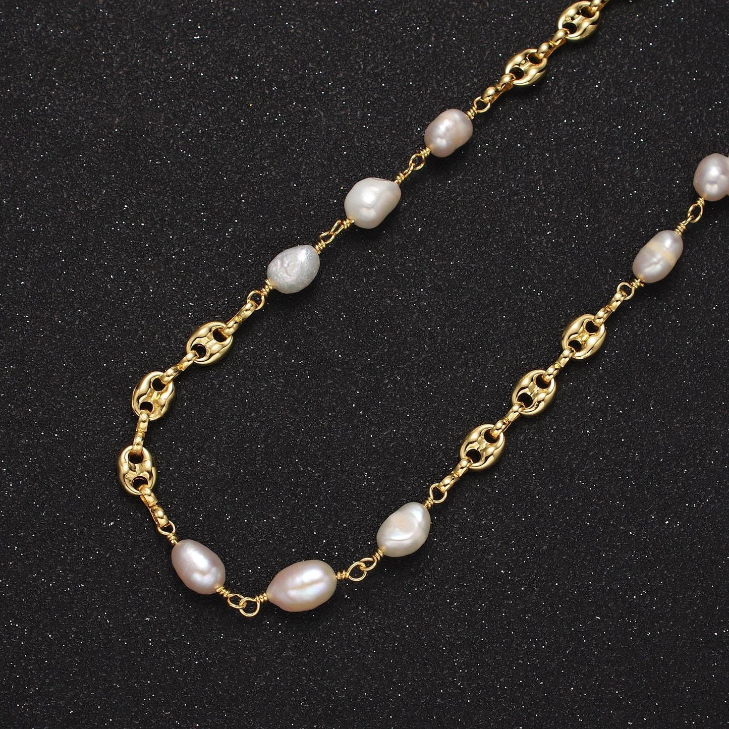 24k gold filled triple freshwater pearl anchor link unfinished jewelry making chain | roll-1407