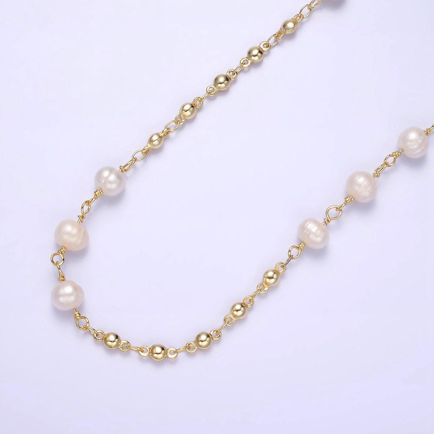 24k gold filled triple button triple freshwater pearl multiple bead unfinished chain for jewelry making | roll-1406