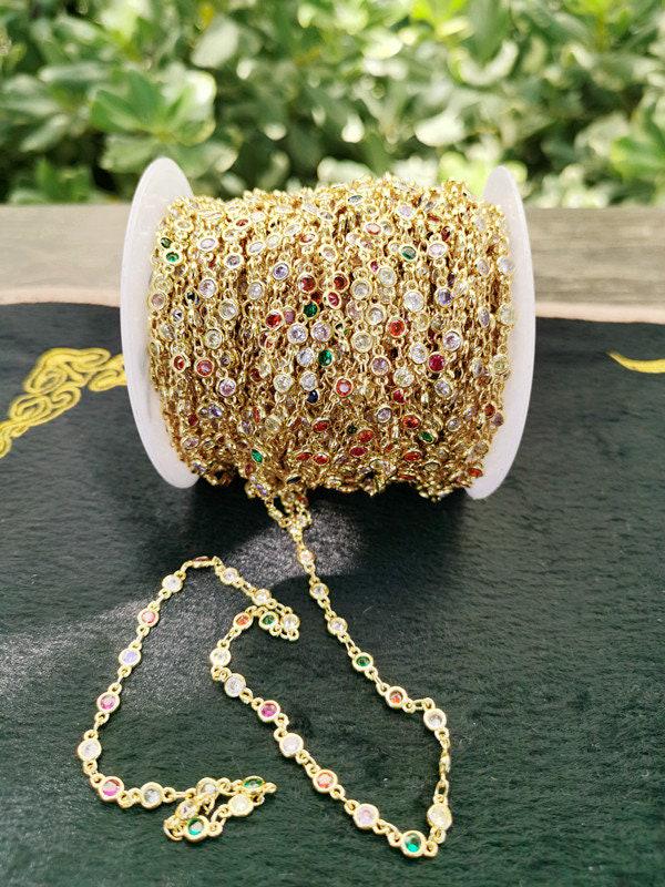 Gold, silver, rosegold micro pave colorful charm chain by yard, cz charm specialty link chain by foot, chain size 8x4mm, roll- 108, 109, 110