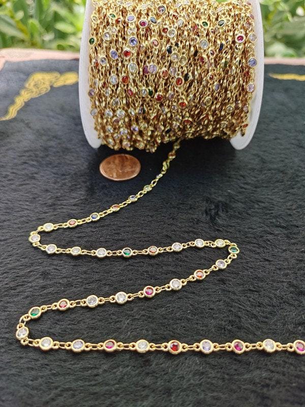 Gold, silver, rosegold micro pave colorful charm chain by yard, cz charm specialty link chain by foot, chain size 8x4mm, roll- 108, 109, 110