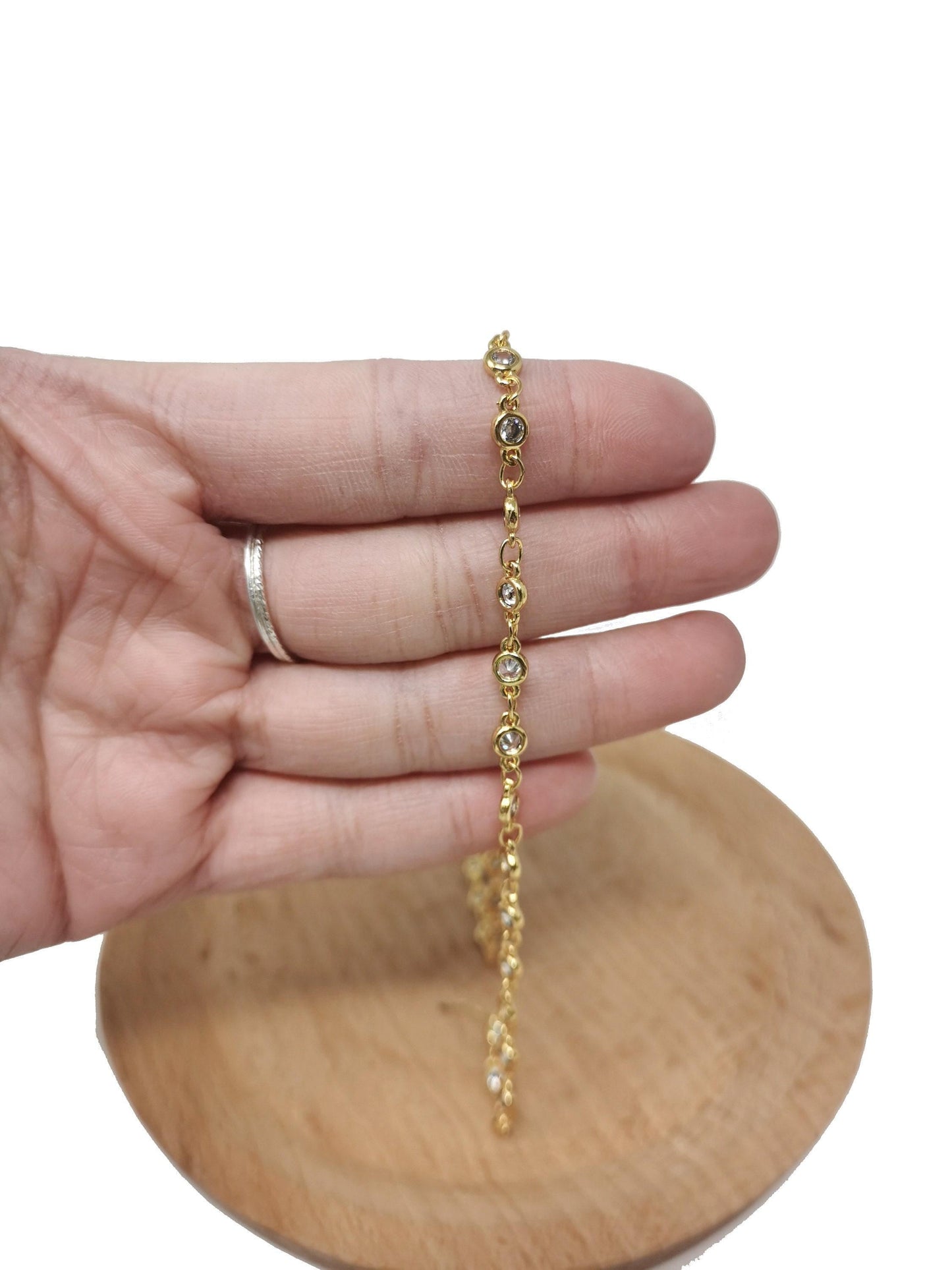 14k gold filled micro pave charm chain by yard, cz round disc charm specialty link chain by foot, cz charm size 4x4mm chain 0.5mm thick, 42