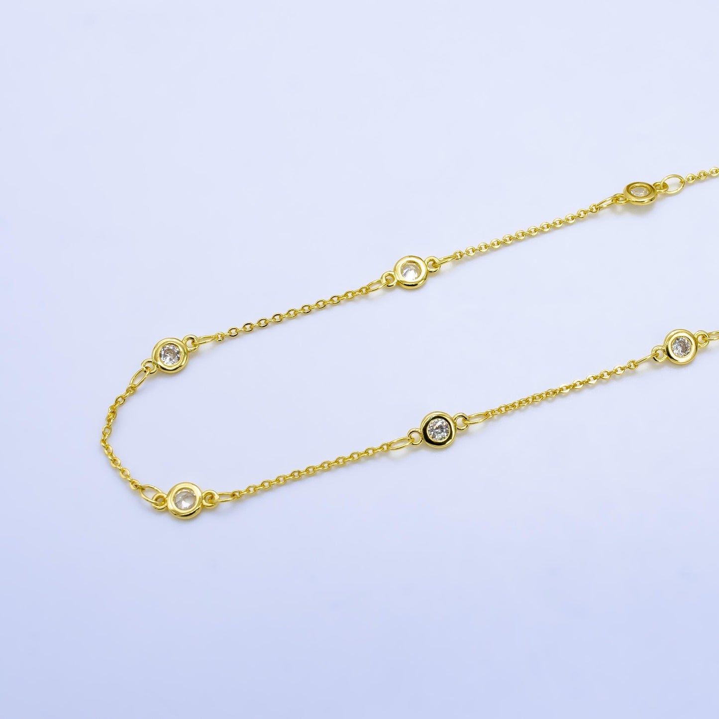 24k gold filled cz satellites chain by yard, wholesale gold station chain cz bezel cut chain for jewelry making | roll-1532