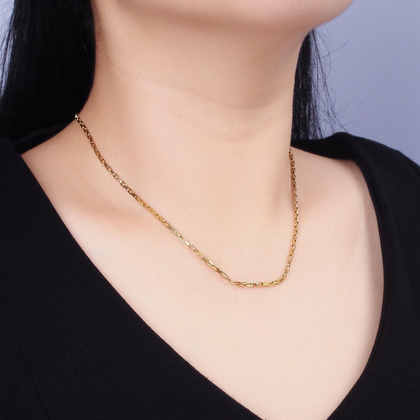 Stainless steel 2mm dainty rectangular box 17.72 inch layering chain necklace | wa-1991