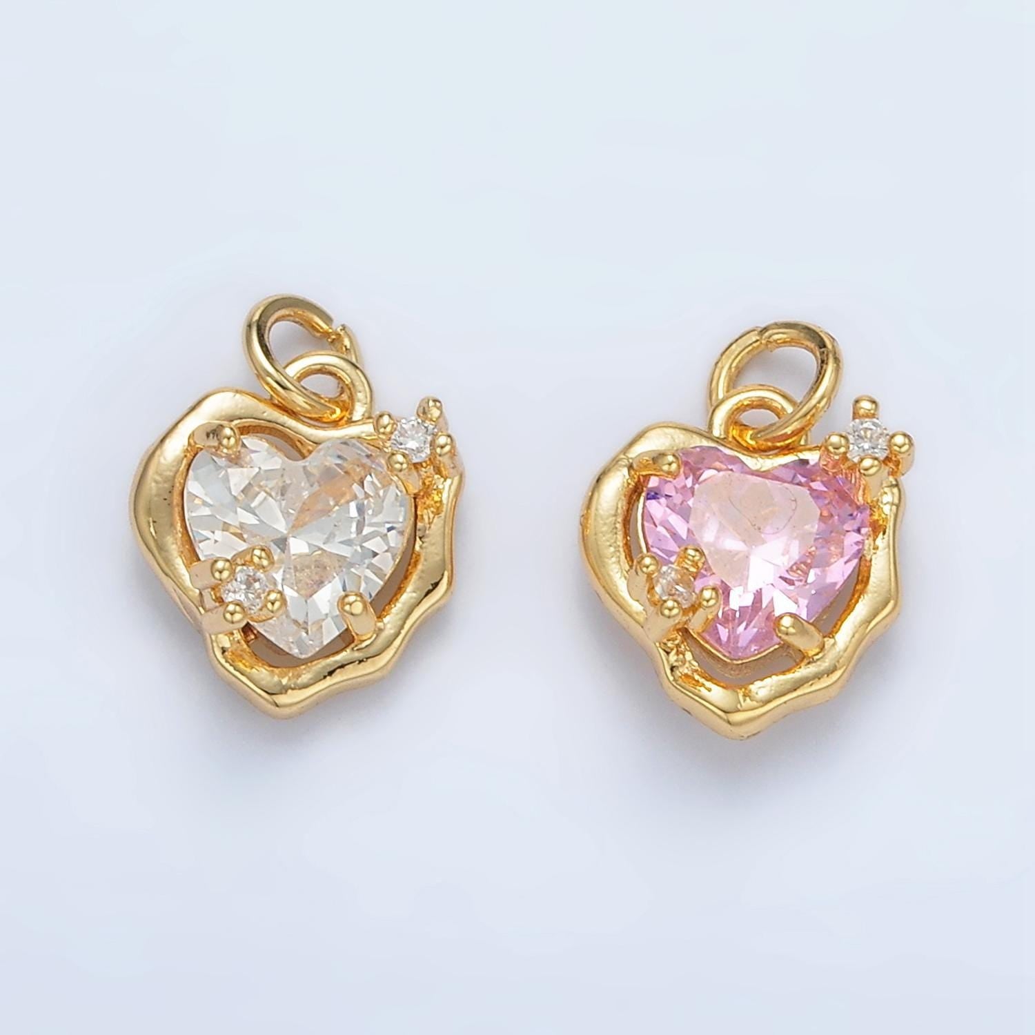 Mini gold heart charm small clear pink cz charm love pendant in 24k gold filled findings ac129