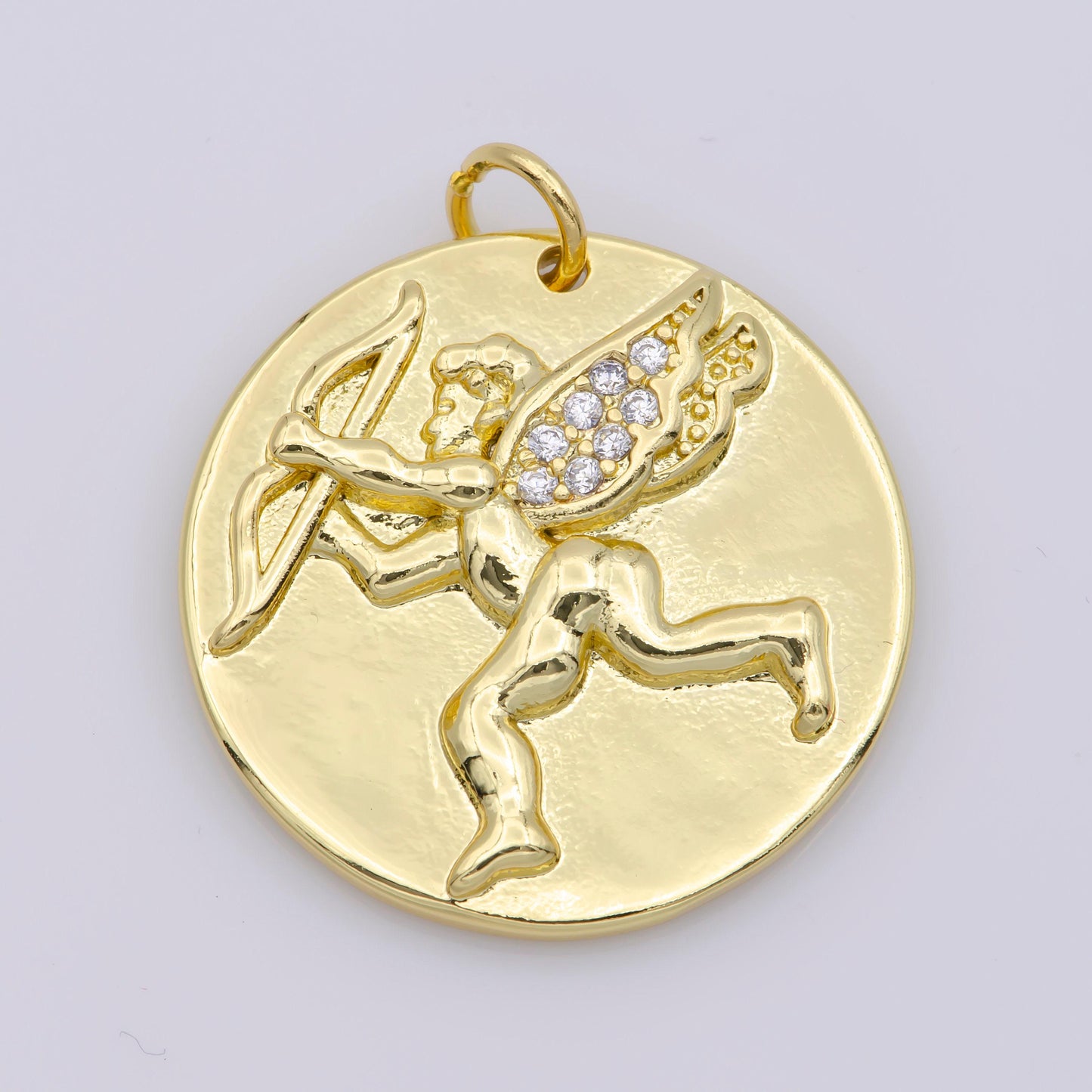 14k gold cupid charm- medallion cupid pendant - angel coin pendant - for necklace bracelet component m485
