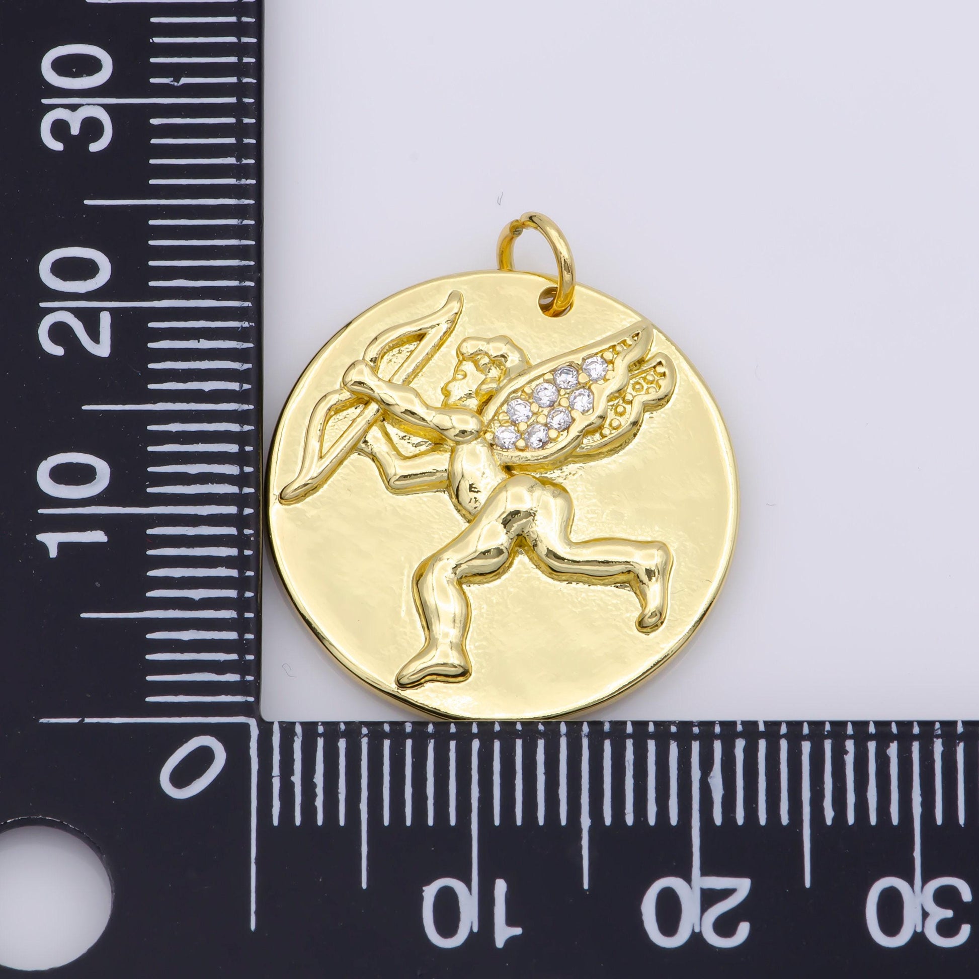 14k gold cupid charm- medallion cupid pendant - angel coin pendant - for necklace bracelet component m485