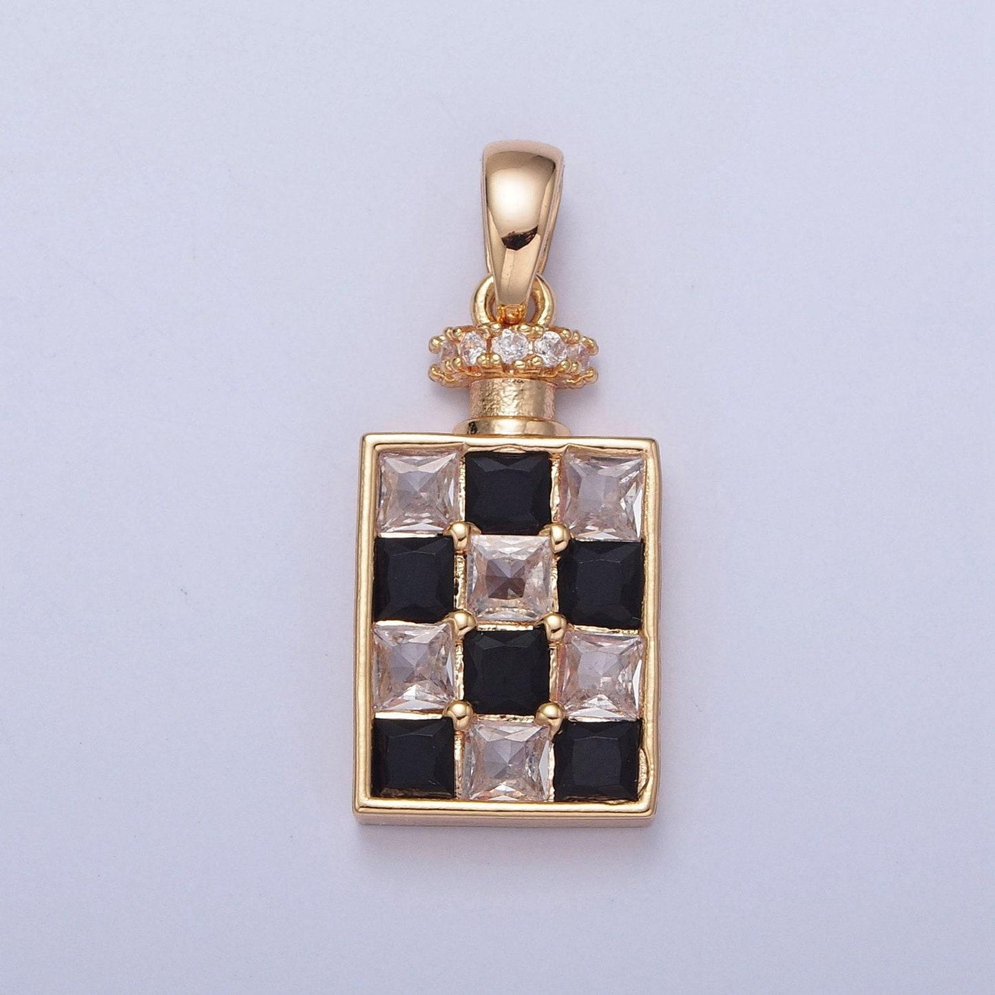 24k white/gold filled dainty rectangular checkered alcohol flask micro pave cz stone pendant, silver/gold colored flask charm | x-381~x-386