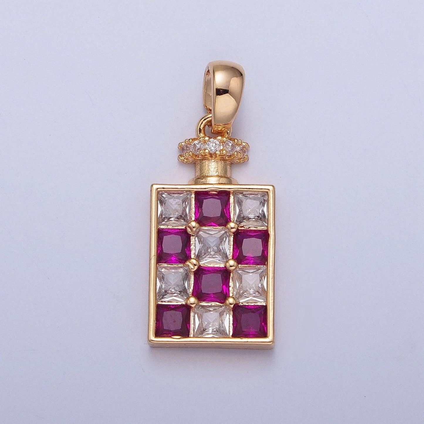 24k white/gold filled dainty rectangular checkered alcohol flask micro pave cz stone pendant, silver/gold colored flask charm | x-381~x-386