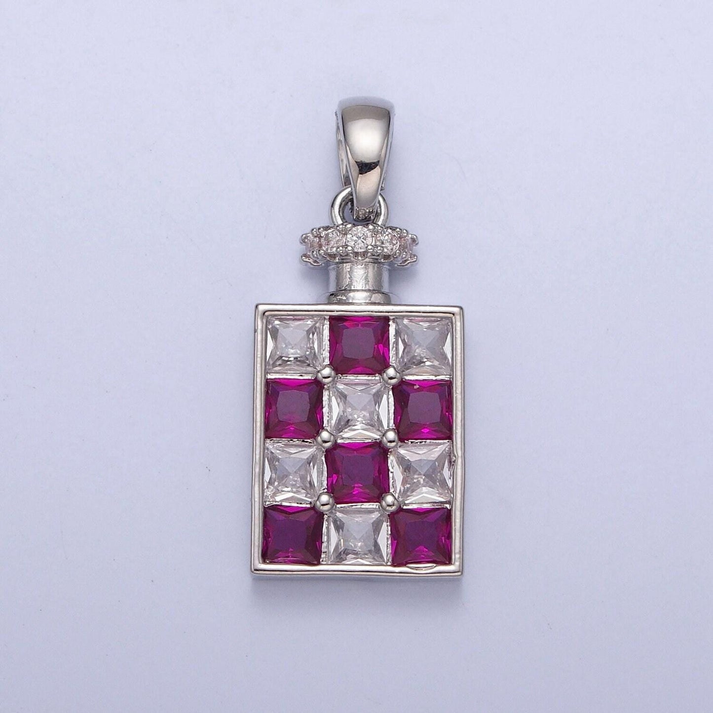 24k white/gold filled dainty rectangular checkered alcohol flask micro pave cz stone pendant, silver/gold colored flask charm | x-381~x-386