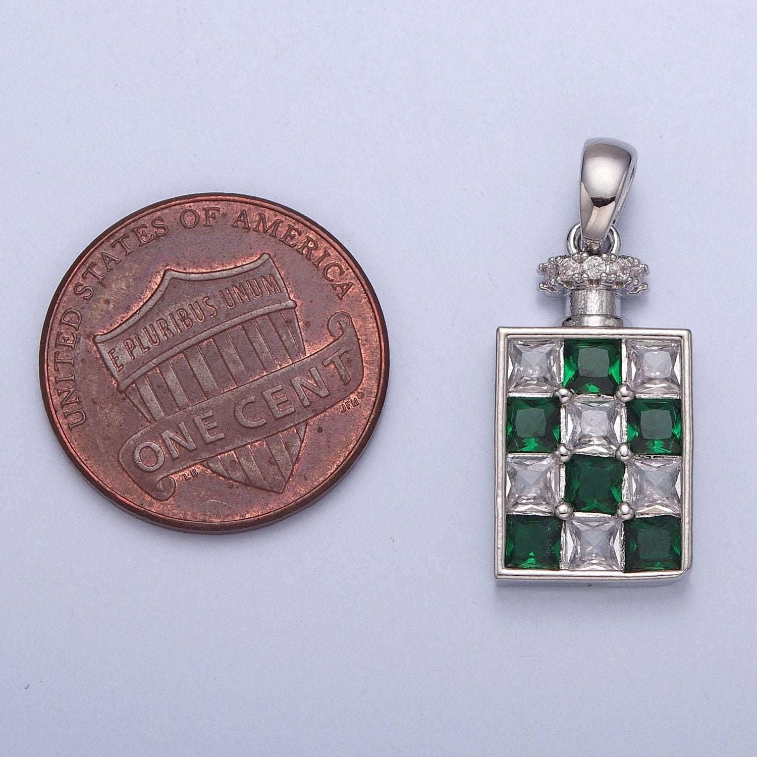 24k white/gold filled dainty rectangular checkered alcohol flask micro pave cz stone pendant, silver/gold colored flask charm | x-381~x-386