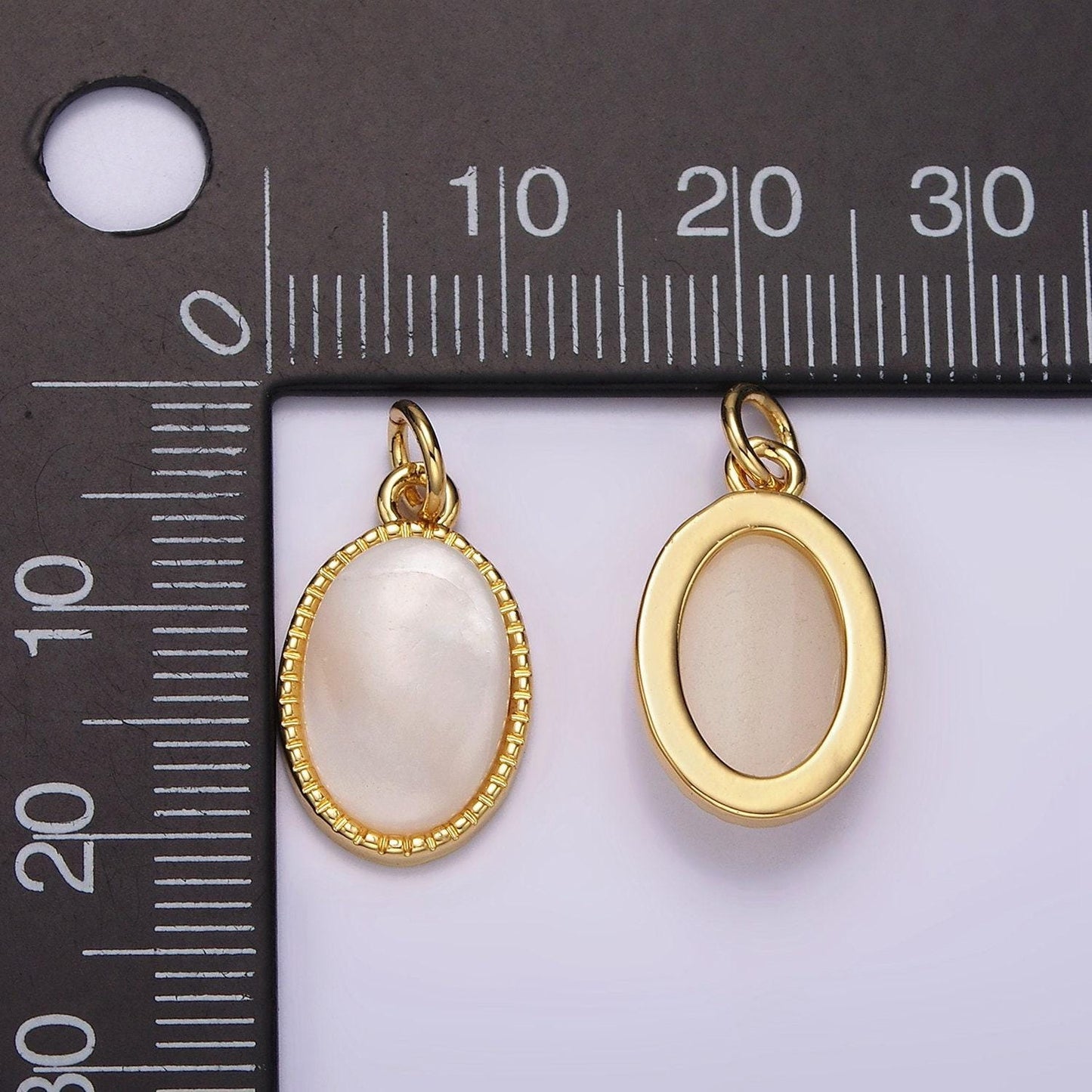 14k gold filled 20mm shell pearl oblong dotted bezel charm | ag513