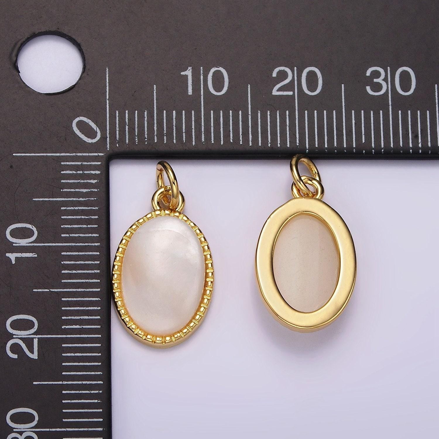 14k gold filled 20mm shell pearl oblong dotted bezel charm | ag513