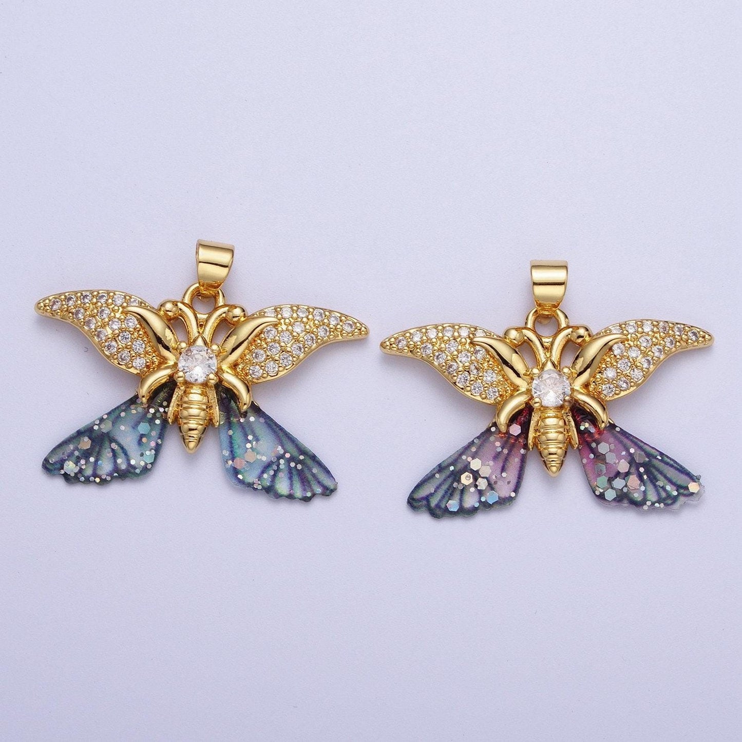 Gold cz blue & fuchsia butterfly insect pendant, 24k gold plated micro paved marquise cz resin beautiful sparkly butterfly charm | h-641