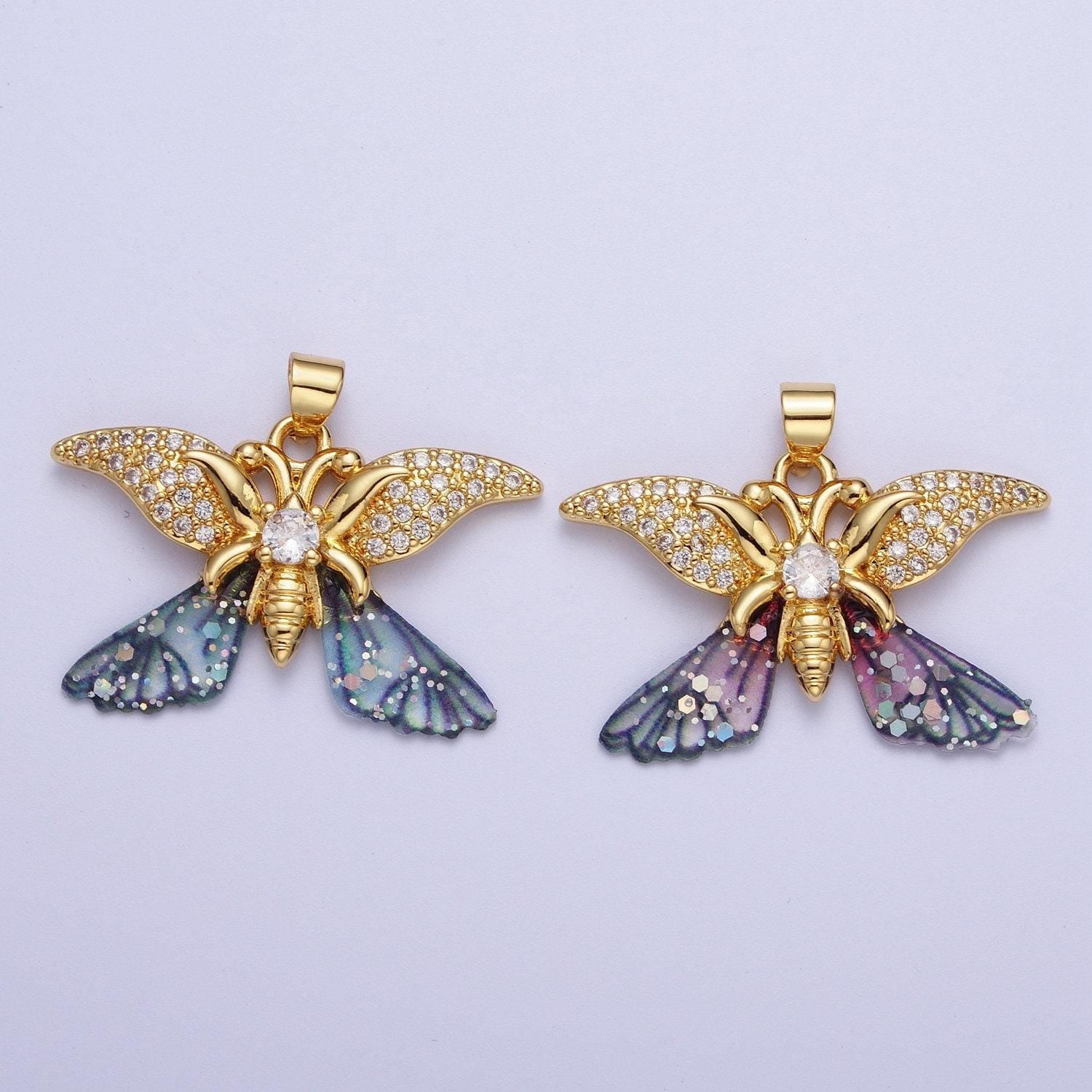 Gold cz blue & fuchsia butterfly insect pendant, 24k gold plated micro paved marquise cz resin beautiful sparkly butterfly charm | h-641